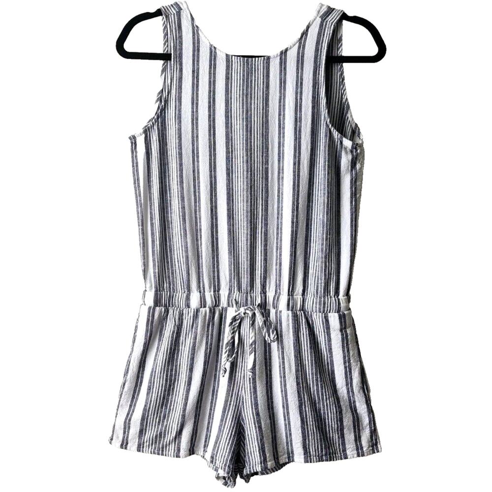 Linen Blend Tank Romper Sz XS Striped Euro Summer Tie Open Back Coastal Beachy